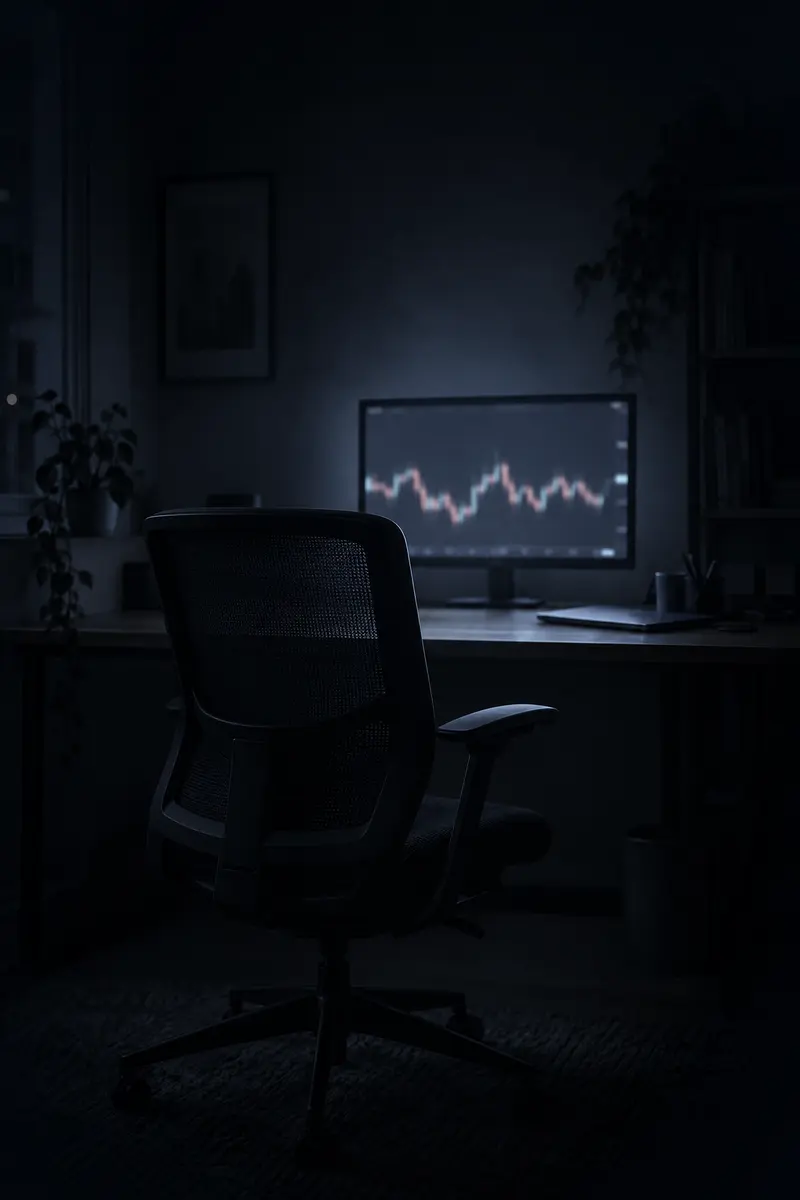 Una silla de escritorio vacía frente a una mesa con un monitor encendido, de noche
